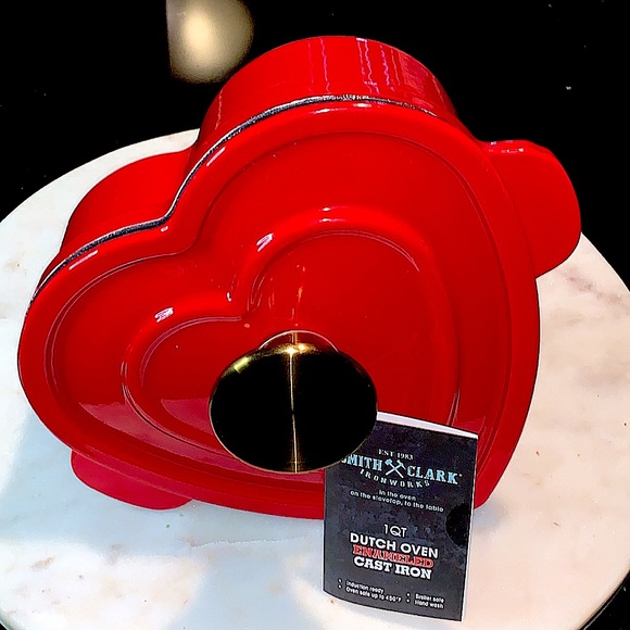 SMITH & CLARK IRONWORKS HEART 2 PC DUTCH OVEN 1 QT RED ENAMEL NEW - Picture 3 of 8